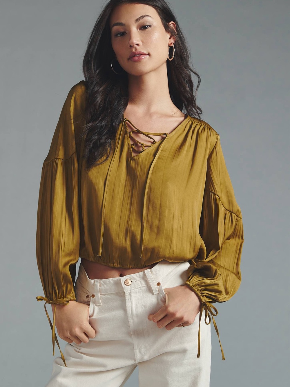 Anthropologie Mustard Lace-Up Peasant Blouse